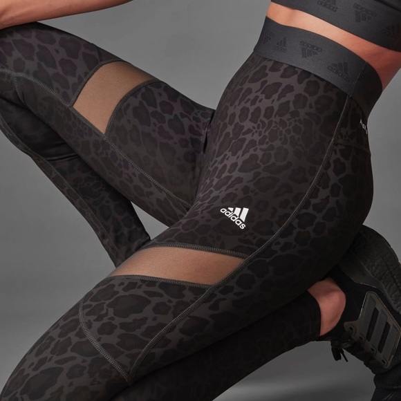 NWT Adidas Hyper Glam Mesh Leopard Print Tights black gray long leggings size XS - Picture 7 of 16